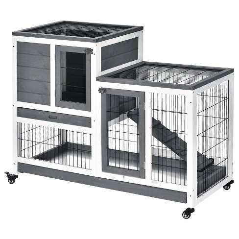 PawHut Wood Rabbit Hutch Bunny Cage Pet House Indoor W/ Tray Ramp, Brown