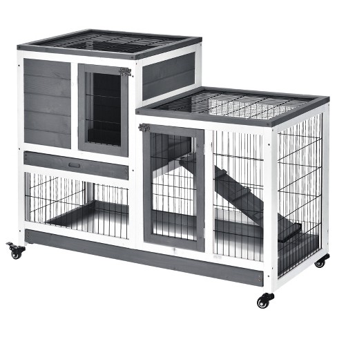 Pawhut Wooden Rabbit Hutch Elevated Bunny Cage Indoor Small Animal Habitat  With Enclosed Run With Wheels, Ramp, Removable Tray Ideal For Guinea Pigs,  Grey : Target