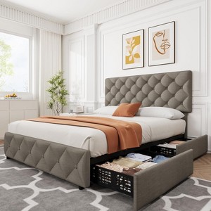 Queen Size Bed Frame with 4 Storage Drawers and Adjustable Headboard, Linen Upholstered Platform Bed Frame, Diamond Stitched Button Tufted, grey - 1 of 4