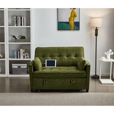 TiramisuBest 55" Corduroy Foldable Sofa Bed with Adjustable Backrest and USB Port, 2-Seat Convertible Sleeper Couch with Pillows, Dark Gray