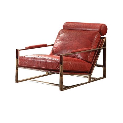 Antique Red Leather Chaise with Metal Frame