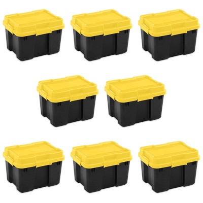 black plastic storage boxes