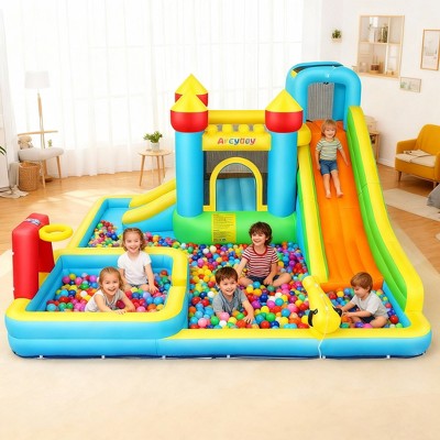 KRISRATE Inflatable Bounce House Water Slide with 550W Blower for Kids 3-12 with Dual Slides, Climbing Wall, Basketball Hoop, Deep Pool & Bounce Zone