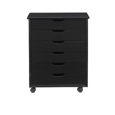 Cary Modern Black Pine Wood 6-Drawer Mobile Storage Cart