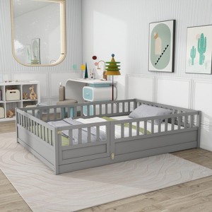 KTMBDW Twin/Full Size Floor Bed, Wood Montessori Floor Bed with Fence and Door, Kids Montessori Bed, Montessori Floor Bed for Kids, Girls, Boys - 1 of 4