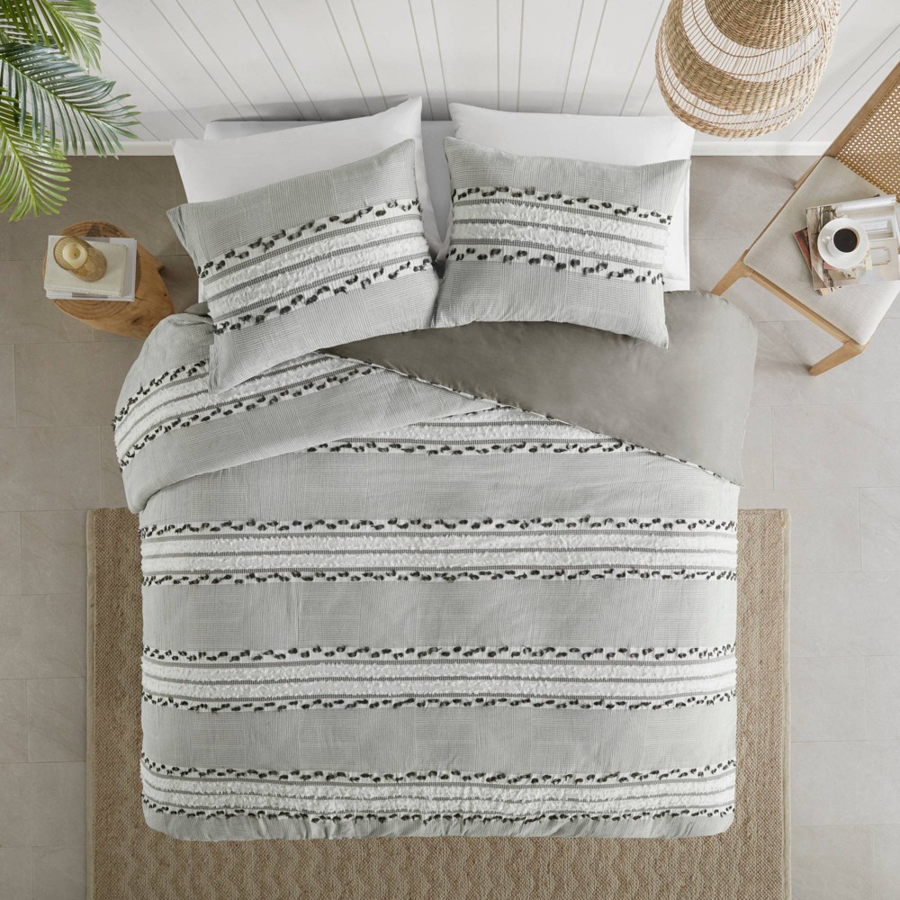 Photos - Bed Linen 3pc Full/Queen Lennon Organic Cotton Jacquard Duvet Cover Set - Charcoal