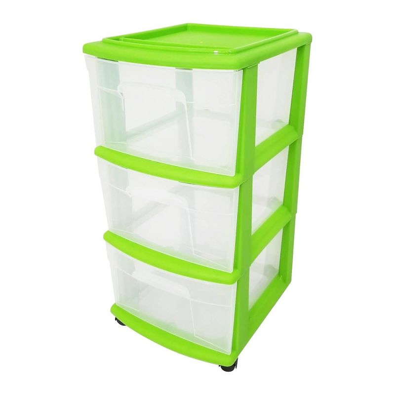 Homz Clear Plastic 3-Drawer Medium Home Organization Storage Container Tower w/3 Large Drawers and Removeable Caster Wheels, Lime Green Frame (2 Pack), 2 of 7
