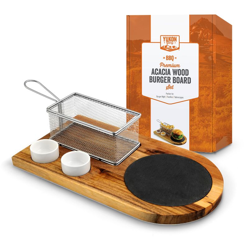 Yukon Glory Burger Board Set, Includes Premium Acacia Wood Board With Slate, Stainless Steel Fry Basket, Porcelain Condiment Cups, 1 of 7