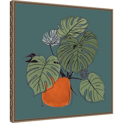 Retro Potted Plant on Teal Canvas Wall Art with Bronze Frame