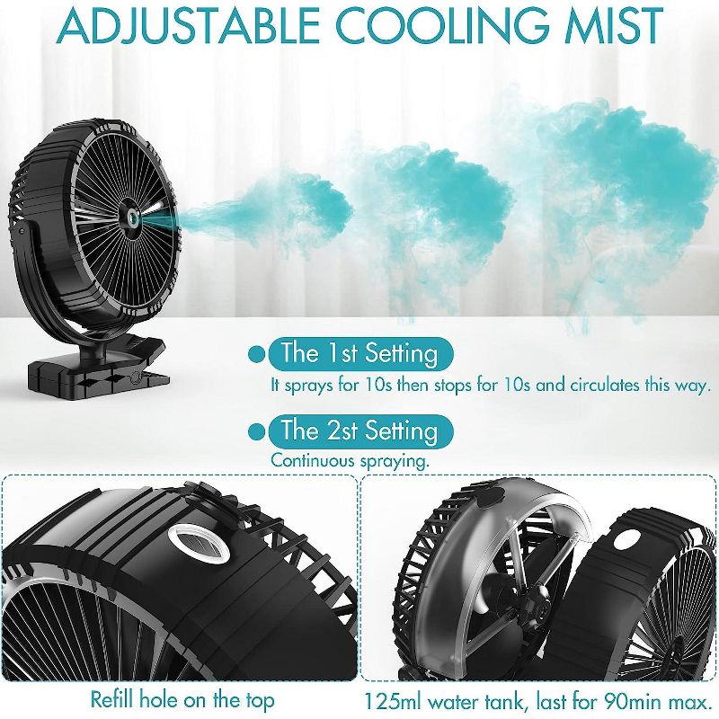 Misting Fan, Portable 8" Clip on Fan with Mist, 10000mAh Rechargeable Battery Operated Personal Fan, 2 Mist Modes, 3 Speeds & 360° Rotation Spray Fan, 3 of 8