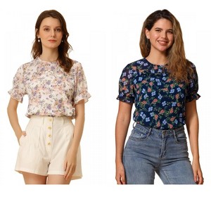 INSPIRE CHIC Women's Chiffon Short Sleeve Ruffled Trim Floral Blouse 2 Packs - 1 of 4