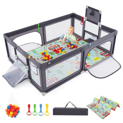 Safstar Large Baby Playpen w/Mat, Basketball Hoop, Soccer Nets, Pull Rings & Ocean Balls, Baby Activity Center with Zippered Doors