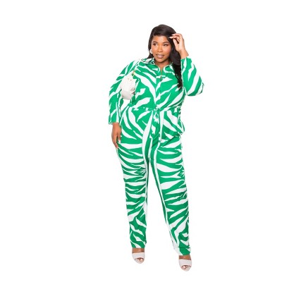 Slickblue Women's Button-Up Jumpsuit, Long Sleeve Plus Size One Piece, Green White, Size 1XL-3XL