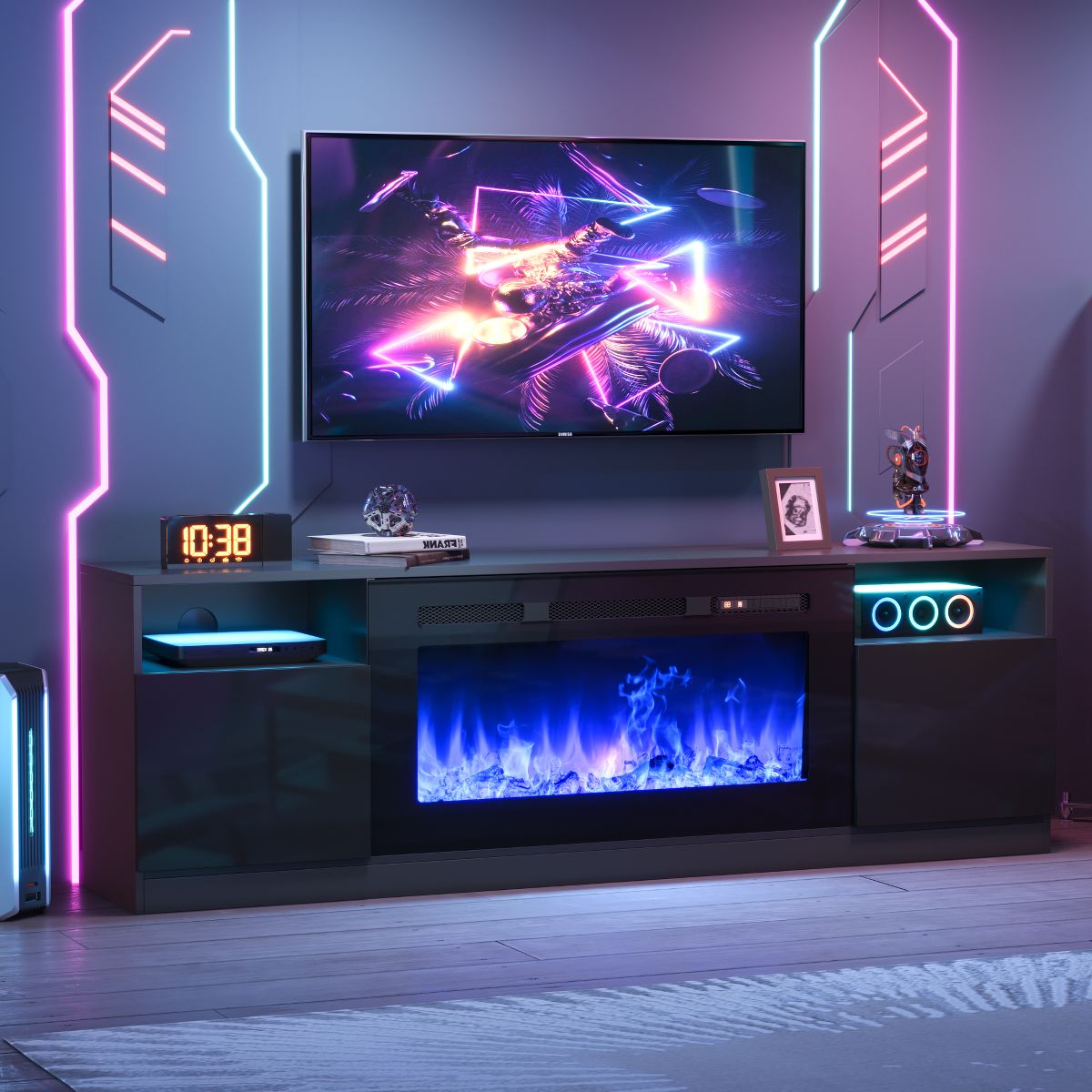Modern 70" Electric Fireplace TV Stand, 36" Heater, 12 LED Flames, 2‑Tier Entertainment Center, Fits 80" TV, Black Glossy Media Console with Storage - thumbnail 6