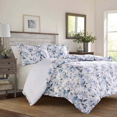 White and Blue Floral Twin Cotton Reversible Comforter Set