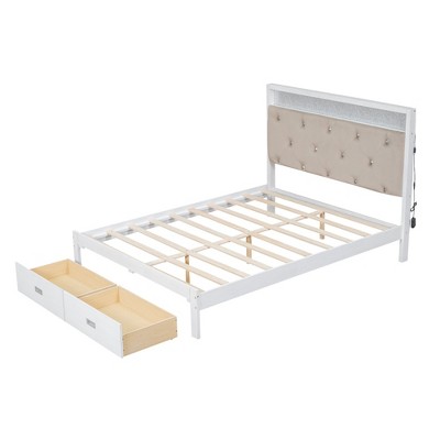 NicBex Queen Size Bed Frame with Upholstered Headboard,LED and 2 Drawers for Adults/Boys/Girls,White