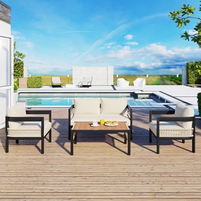Outdoor 4 Pcs Seating Set, Patio Lounge Sets with Loveseat and Table, Patio Lounge Sets with Iron Frame and PE Cushions-Coolbibila