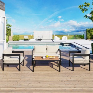 Outdoor 4 Pcs Seating Set, Patio Lounge Sets with Loveseat and Table, Patio Lounge Sets with Iron Frame and PE Cushions-Coolbibila - 1 of 4