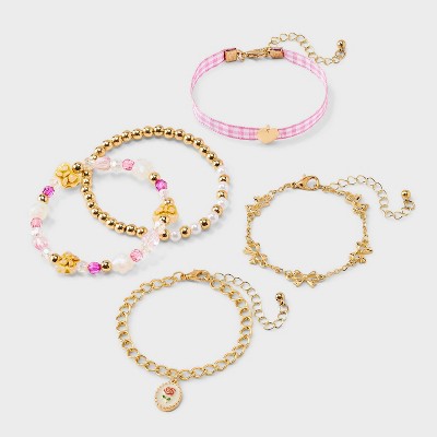 Girls' 5pk Gingham Bows Bracelet Set - art class™ Gold/Pink: Beaded, Chain, Stretch Styles