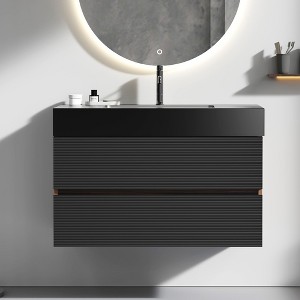 FAMYYT 36 in. Single Sink Floating Walnut Bath Vanity with Black Engineered Quartz Composite Top, Double U-Shape Drawers - 1 of 4