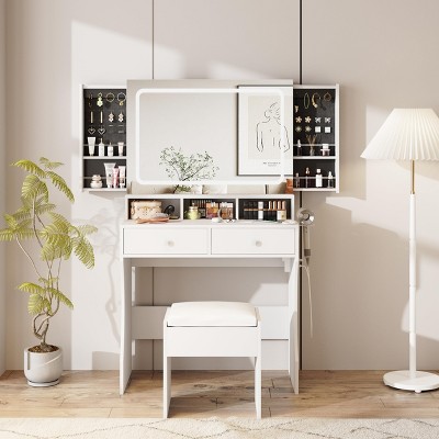 Makeup Desk with Mirror, Sliding Jewelry Storage Shelves & 3 Lighting Modes, White Vanity Set