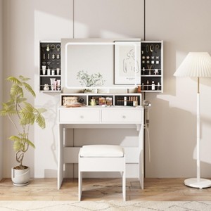 Makeup Desk with Mirror, Sliding Jewelry Storage Shelves & 3 Lighting Modes, White Vanity Set - 1 of 4