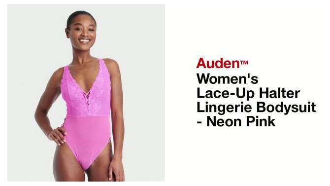 Women&#39;s Lace-Up Halter Lingerie Bodysuit - Auden&#8482; Neon Pink, 2 of 8, play video