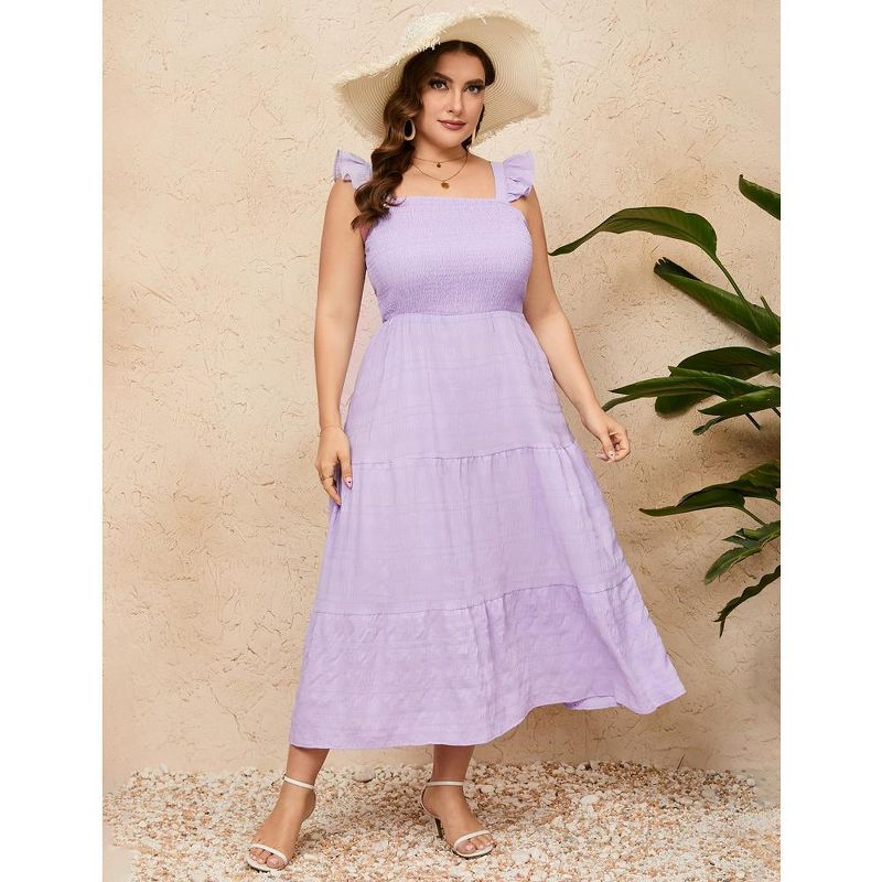 Women Plus Size Sleeveless Maxi Dress Smocked High Waist Tiered Ruffle Summer Casual Midi Dress, 2 of 9