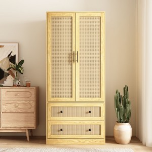 Hitow Light Wood Rattan Accent Wardrobe: 2-Drawer Storage + Smooth Hinges for Bedroom Clothing Organization - 1 of 4