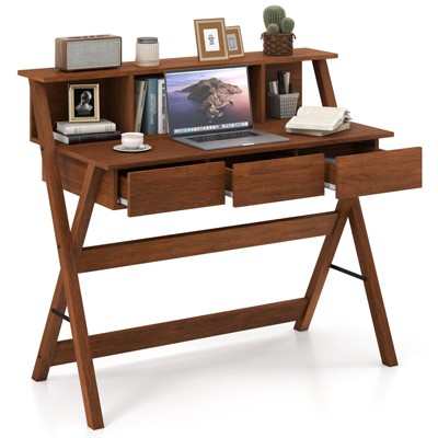Tangkula Home Office Desk w/ 3 Drawers Built-in Monitor Stand Storage Writing Desk