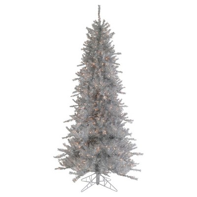 Northlight 6.5' Pre-Lit Silver Tinsel Pine Slim Artificial Christmas Tree - Clear Lights