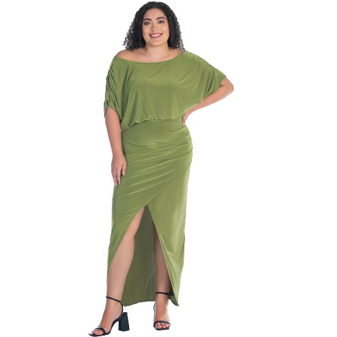 24seven Comfort Apparel Womens Plus Size Off The Shoulder Ruffle Side Slit  Maxi Dress -1X-3X Black at  Women's Clothing store