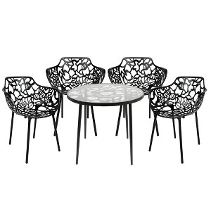 LeisureMod Devon 5-Piece Aluminum Outdoor Patio Dining Set with Tempered Glass Top Table and 4 Stackable Flower Design Arm Chairs - 1 of 4