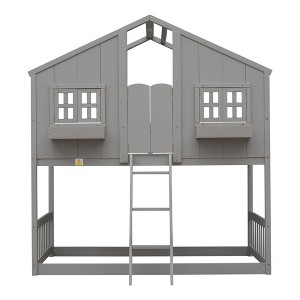 COWLOWN Twin over Twin House Bunk Bed with Roof Window Door Safety Guardrails Ladder Low Height Pine Wood Design - 1 of 4