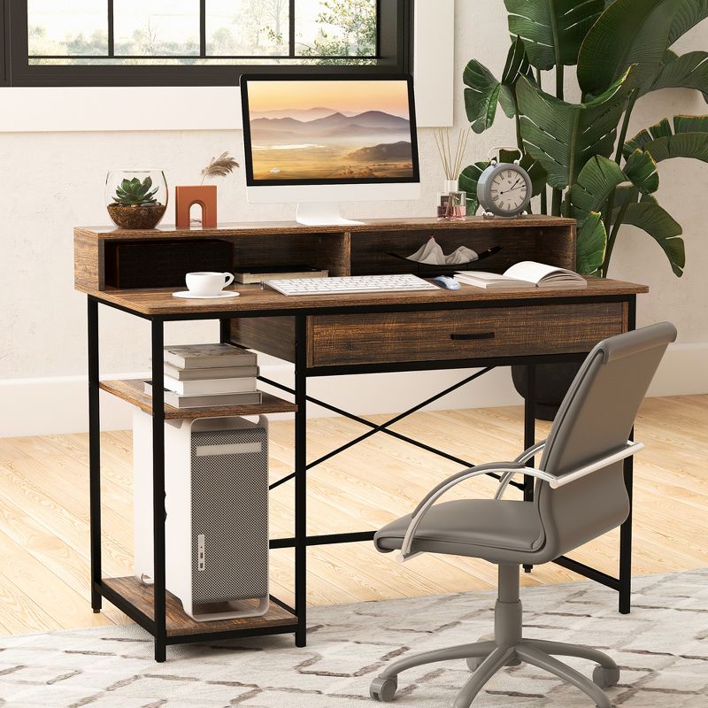 Costway 48”Computer Desk with Monitor Stand Home Office Writing Desk with Storage Drawer and 2 Open Shelves Rustic Brown, 2 of 11