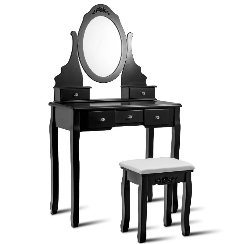 Tangkula Oval Vanity Mirror Dressing Table Beauty Dresser Cosmetics Organizer w/ Cushioned Bench, 2 of 10