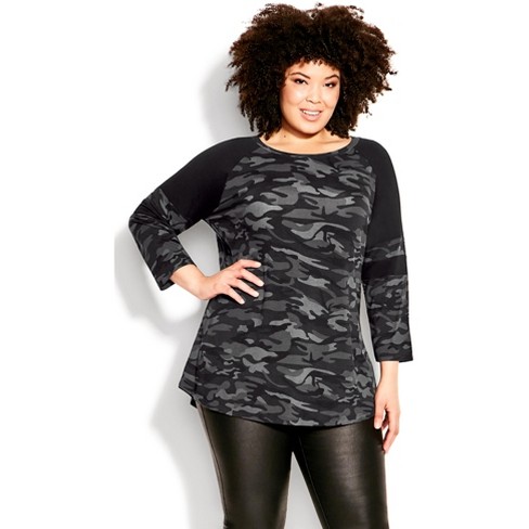 AVENUE | Women's Plus Size Splice Sleeve Print Top - charcoal camo - 14W