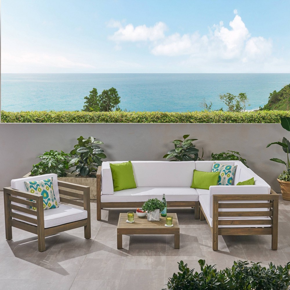 Oana 5pc Acacia Wood Sectional Sofa & Club Chair Set - Gray/White - Christopher Knight Home