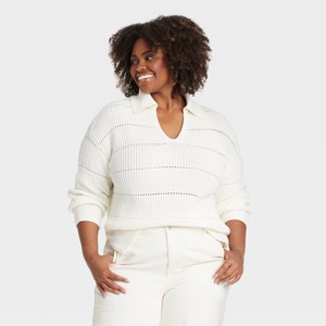 Women's Side Slit Collared Pullover Sweater - Ava & Viv™ - 1 of 3