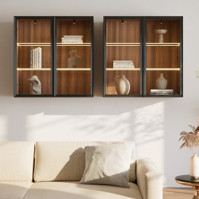 Wall Mounted Curio Cabinet with Glass Doors,15.75"D x 31.50"W x 32.25"H,Brown