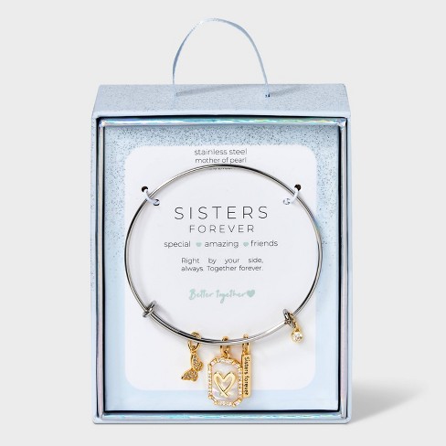 Silver Plated Two-tone sisters Forever Butterfly Heart And Cubic Zirconia  Bezel Bangle Bracelet - Gold/silver : Target