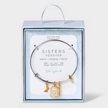 Silver Plated Two-Tone "Sisters Forever" Butterfly Heart and Cubic Zirconia Bezel Bangle Bracelet - Gold/Silver