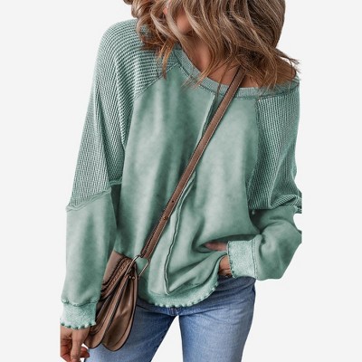Amaryllis Women’s Long Sleeve Textured Waffle Knit Patchwork Pullover Contrast Washed Casual Fit Raw Hem