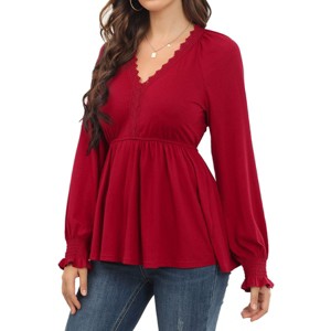 Clearlove Womens EmbroideBurgundy V Neck Blouse Long Sleeve Shirts Peplum Waist Tops with Poet Sleeve - Burgundy,Medium - 1 of 4
