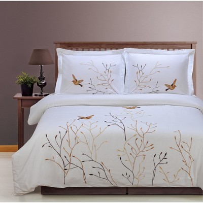 Embroidered Modern Bird and Nature Cotton Duvet Cover and Pillow Sham Set - Blue Nile Mills