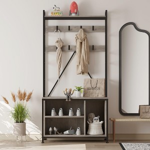 36" Hall Tree with Bench and Coat Rack – Entryway Shoe Storage Organizer with Hooks & Top Shelf, 5-in-1 Freestanding Gray. - 1 of 4