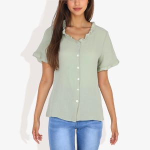 Anna-Kaci Women's Ruffle Neck Detail Short Sleeve Textured Button Down Detail Fashion Blouse - Large, Green - 1 of 4