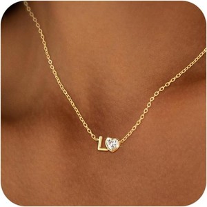 Dainty Heart Initial Necklace 14K Gold Plated A-Z Letter Pendant - 1 of 4