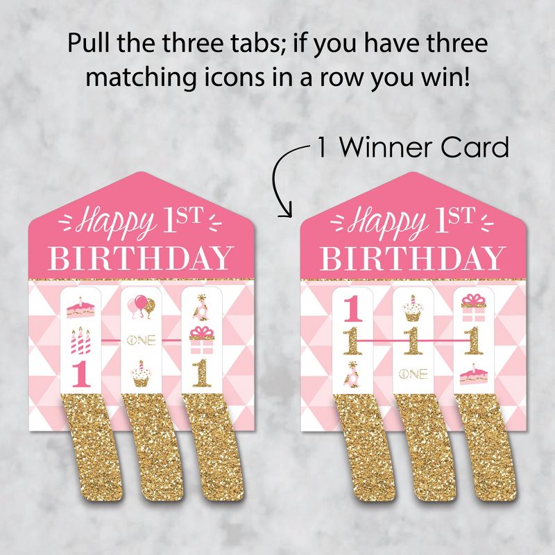 Big Dot of Happiness 1st Birthday Girl - Fun to be One - First Birthday Party Game Pickle Cards - Pull Tabs 3-in-a-Row - Set of 12, 3 of 7