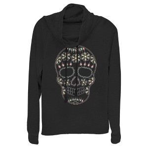 Juniors Womens Lost Gods Halloween Sugar Skull Cowl Neck Sweatshirt - 1 of 4